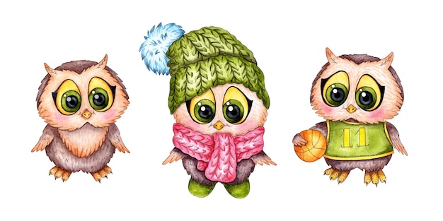 Set of little watercolor owlets