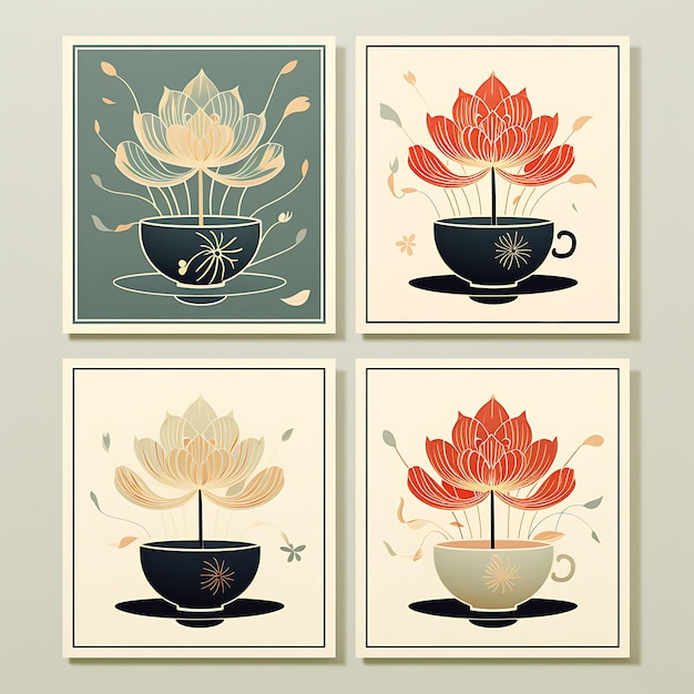 Photo a set of lotus flowers tea cups fan hong kong lunar new year subtle c 2d flat art illustration