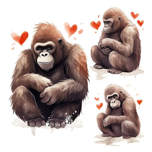 Set of loving monkeys on white background