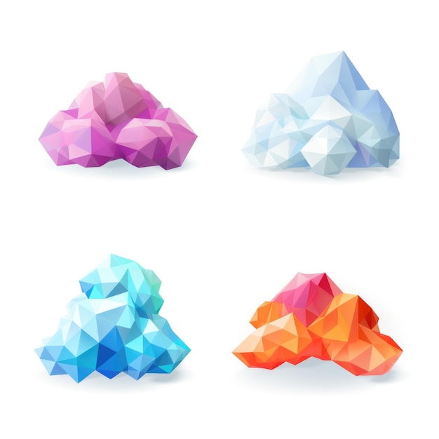 Set of low poly clouds on white background Abstract weather illustration