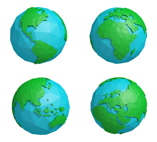 Set of low poly earth planet with four continents, polygonal globe icon, 3D rendering