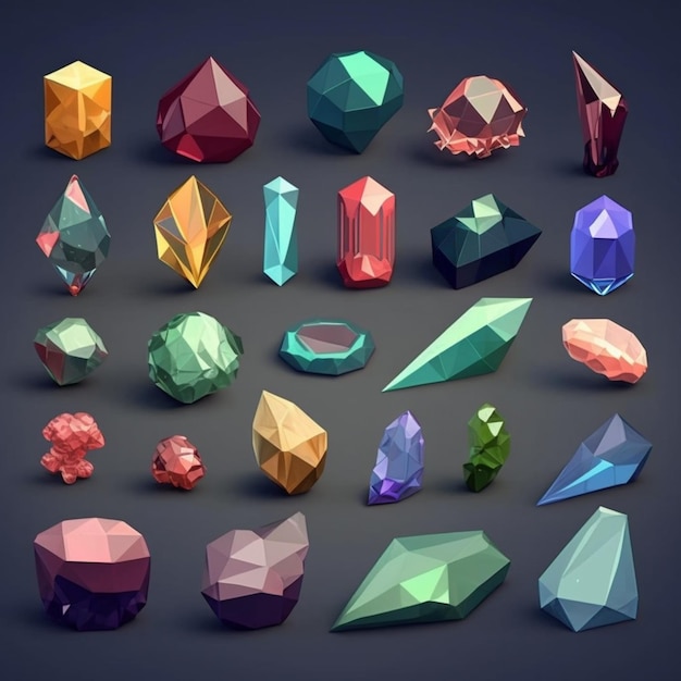 A set of low polygonal gems and crystals on a dark background generative ai