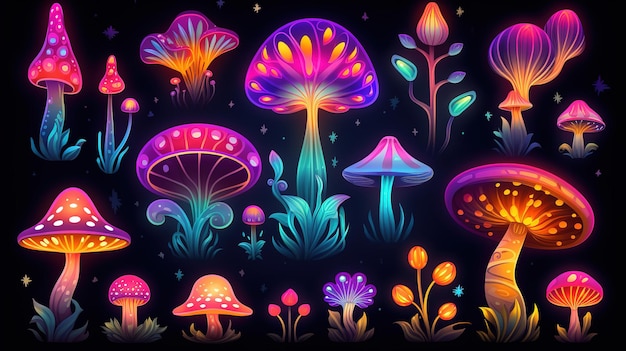 Набор светящихся волшебных растений и грибов с эффектом свечения на темном фоне, созданный AI