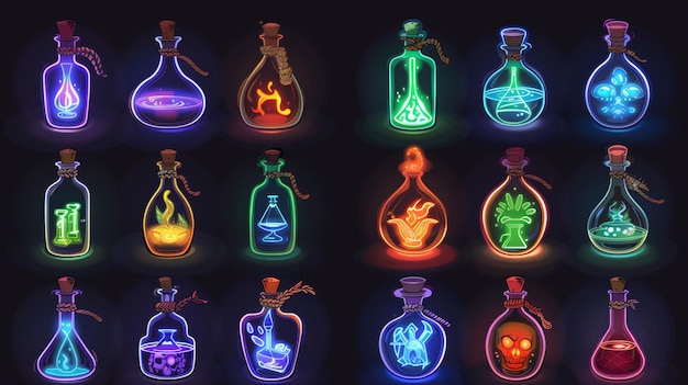 Foto set di icone di cartoni animati di bottiglie di elixir di pozione di gioco magico bottiglia di vetro medico con ui di veleno illustrazione moderna per interfacce di laboratorio rpg oggetto luminoso di alchimia magica con cranio raccolta di elementi gui 2d