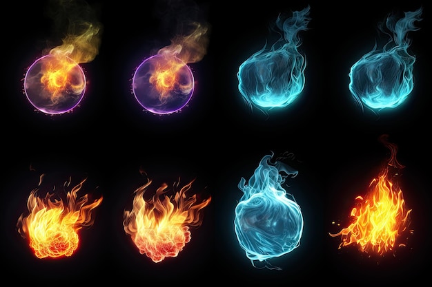 Photo set of magic power fire and ice poison lights effects isolated black background magical sorcery