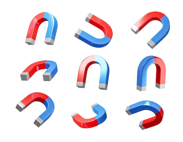 Set magnets Horseshoe shaped magnets isolated on white background 3d render