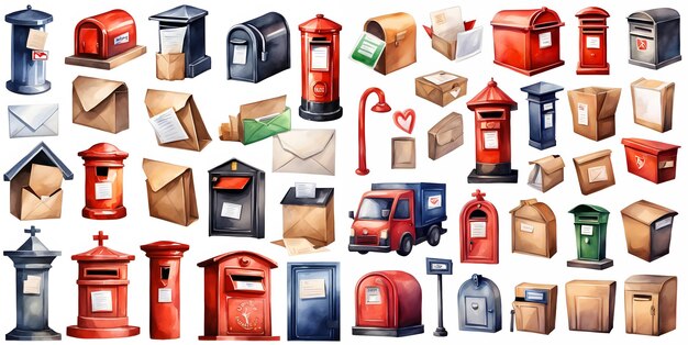 Photo set of mailbox and other delivery items watercolor hand painted isolated illustration