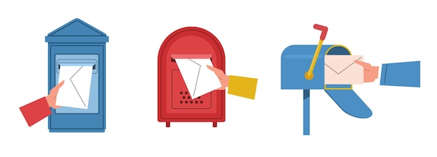 set of mailboxes where people put their letters hand hold envelope correspondence sending different types postbox new message graphic postal service vector cartoon flat illustration