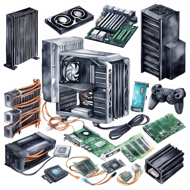 Photo set of main parts of a gaming computer watercolor hand painted isolated illustration