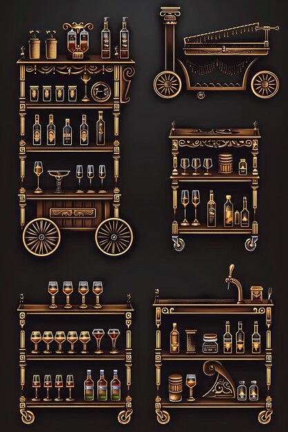 Photo set of majestic bar carts 8 bit pixel with detailed woodwork and go game asset design concept art