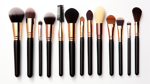 A set of makeup brushes and tools arranged artistically on a white background