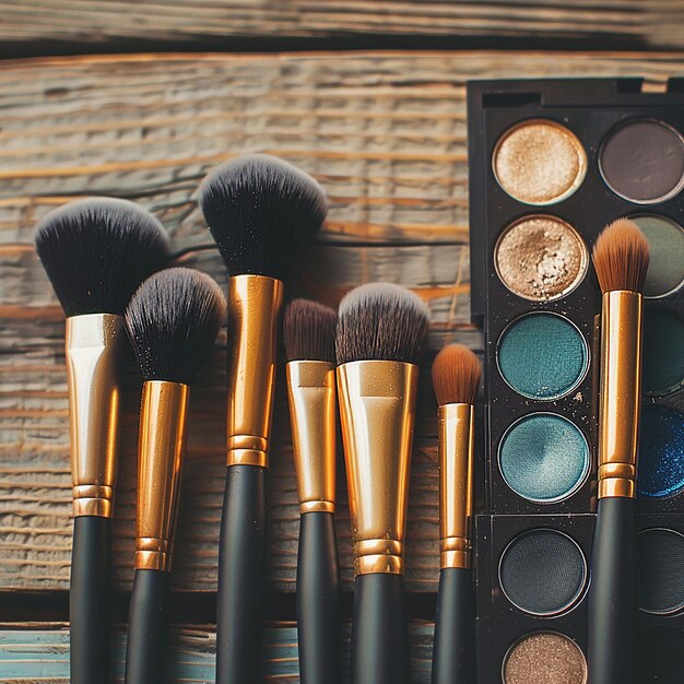 A set makeup brushes with Palette On Wooden Background in Golden Hour banner