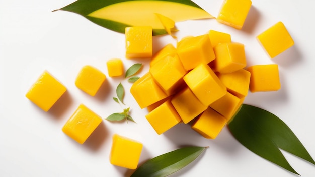 Photo set of mango cubes and mango slices isolated