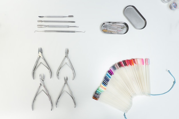 Set for manicure. Tools, tongs, palette, care products