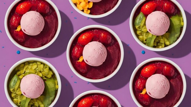 Photo set of many brazilian frozen berry ice cream bowls with diferent ingredients on a purple summ