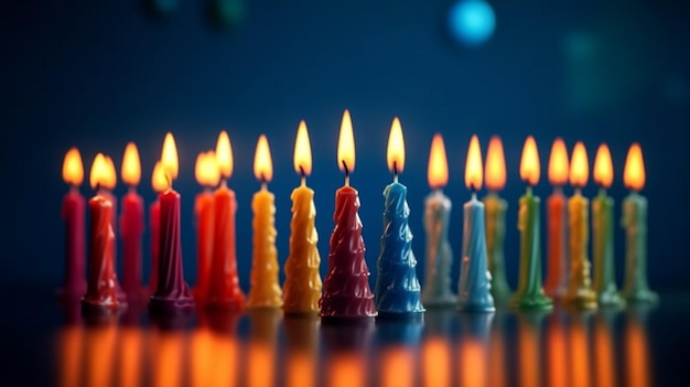 Photo set of many different color shape and pattern birthday candles burning in long row isolated on blue