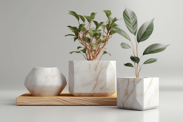 A set of marble planters with a plant in them.