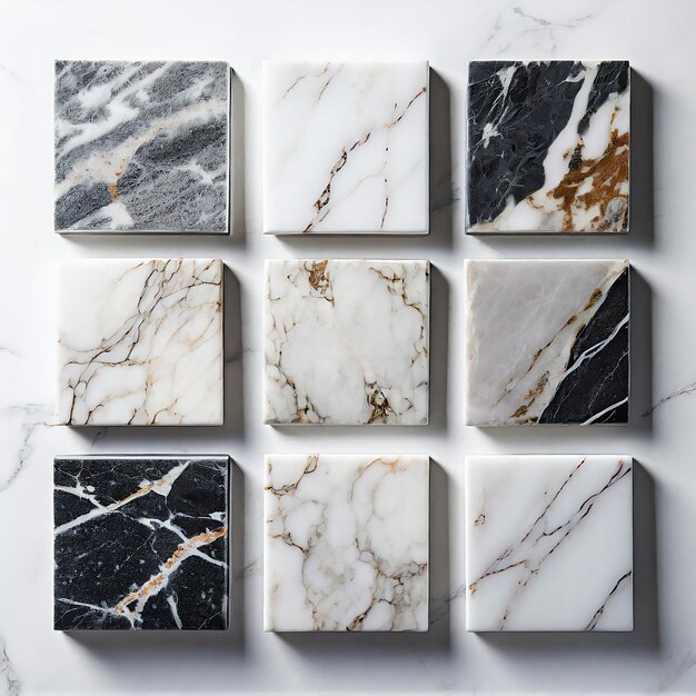 Set of marble tiles isolated on white background Marble texture with natural pattern