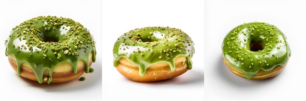 Set of matcha doughnuts icons isolated on white background Homemade green tea matcha doughnuts covered with shiny icing Ready to eat pistachio donuts menu concept ads Doughnuts banner