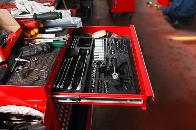 Set of mechanical tools in garage