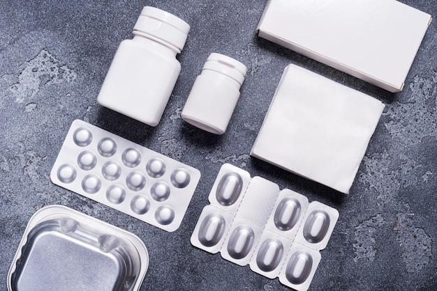 set of medical containers and blister pack for pils