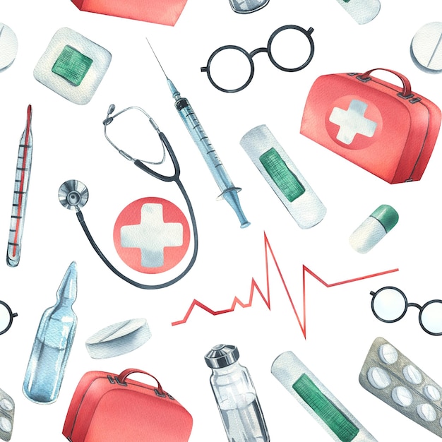 A set of medical equipment with a red first aid case Watercolor illustration hand drawn Seamless pattern on a white background for the design and design of hospitals clinics pharmacies