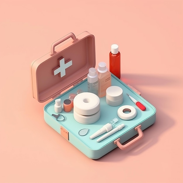 医療用ファーストレスポンスパッケージのセット 3Dレンダースタイル AI生成イラスト