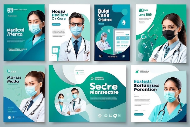 set of medical and health care social media post template usable for social media post banner and web ad