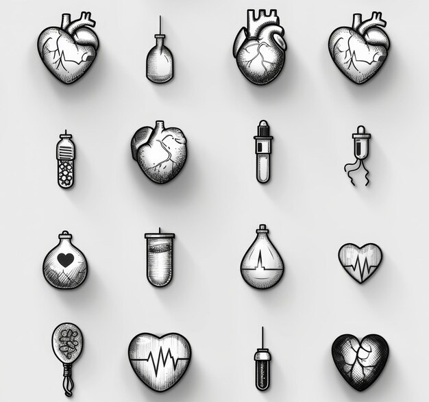 set of medical icons in the style of engraving