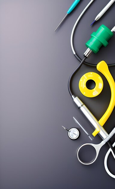 A set of medical tools including a stethoscope, a measuring tape, a stethoscope, and a stethoscope.