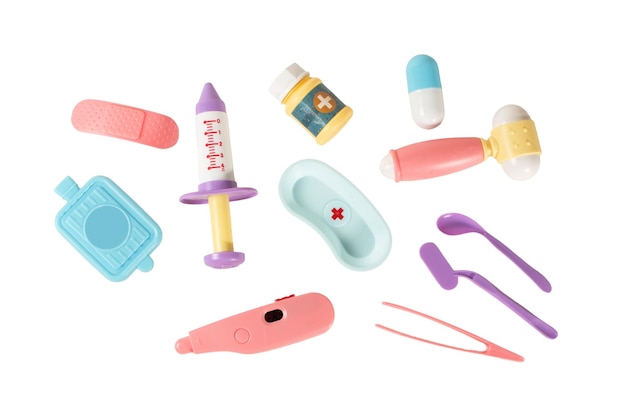 A set of medical toys including a pill bottle thermometer syringe