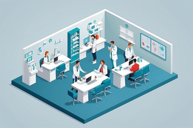 Photo set of medical workers and customers isometric communicate at the table a reception at the doctor isolated on a light background