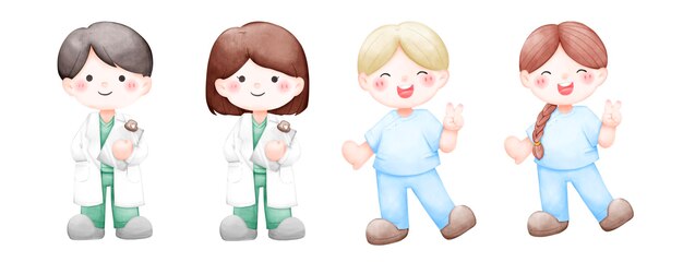 Photo set of medical young staff doctor and nurse cute cartoon character hospital watercolor isolate