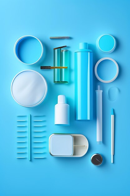 Set of medicines thermometer pills nasal spray disposable syringe medical mask on blue backgrou