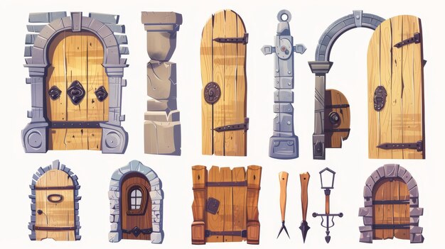 Photo set of medieval wooden doors isolated on white background modern cartoon illustration of historical building design elements stone porch arch doorway with locked gate iron doorknob old
