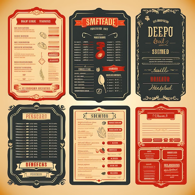 Foto una serie di design 2d del layout del menu con confezione di etichette a colori piatte creative vettoriali con cornice in stile vintage