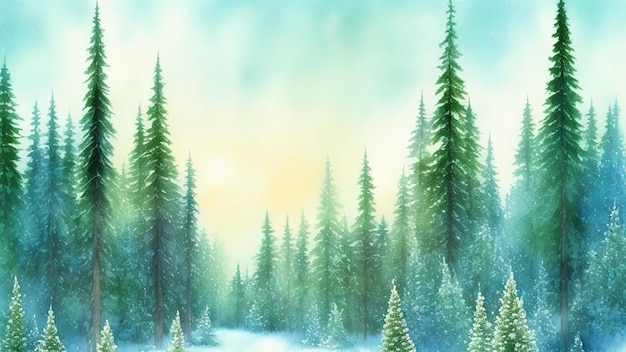 Set met blauwe bergen en dennen Winter Woodland forest mist pine treesevergreen scene poster afdrukbare kaart