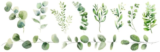 Set met de hand geschilderde groene bladeren in verschillende vormen en maten op een witte achtergrond