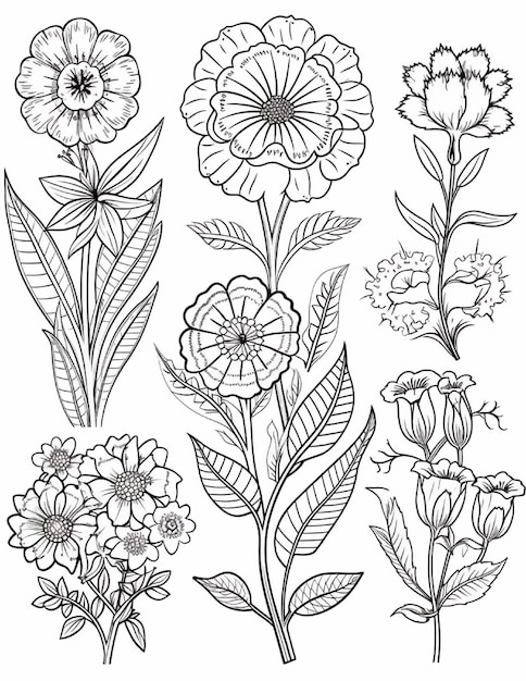 Set met met de hand getekende decoratieve bloemen Vectorillustratie Zwart-wit