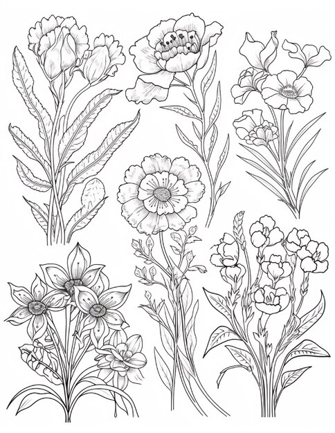 Set met met de hand getekende decoratieve bloemen Vectorillustratie Zwart-wit