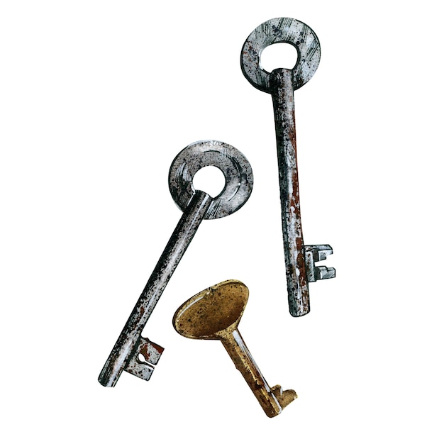 Set metal brass and iron keys isolated on white background watercolor hand draw illustrations