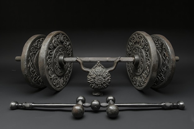 Foto un set di manubri di metallo e un barbell poggiati sul pavimento della palestra pronti per gli esercizi di sollevamento pesi un design intricato di un set antico di sollevazione pesi in ferro generato dall'ia