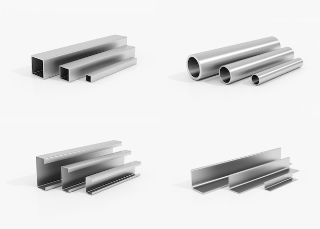 Набор металлических деталей из стали, для сталелитейной промышленности, на белом фоне, 3D рендеринг.