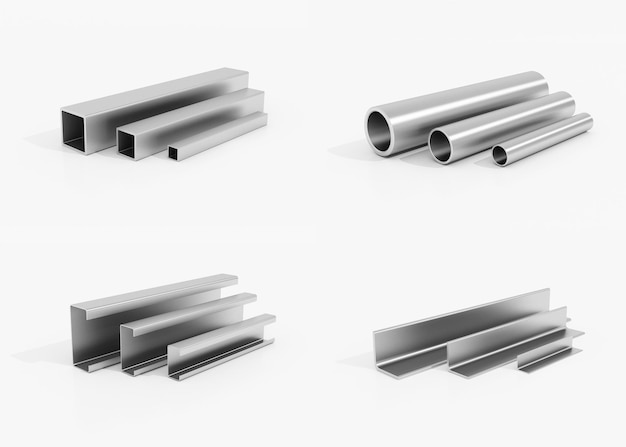 흰색 배경, 3D 렌더링에 철강 산업을 위한 금속 부품 철강 세트.