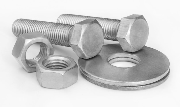 Photo set of metallic bolts and nuts for connection