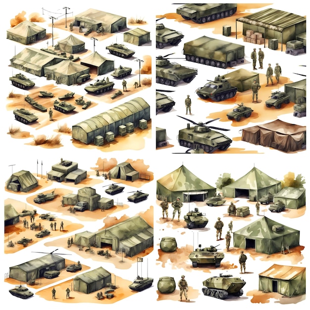 Photo set of military base in the desert watercolor hand painted illustration