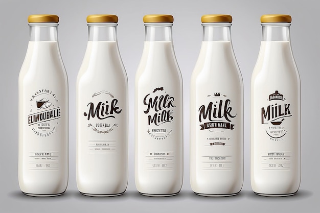 Photo set of milk glass bottles with different labels fresh and natural milk for your brand logo