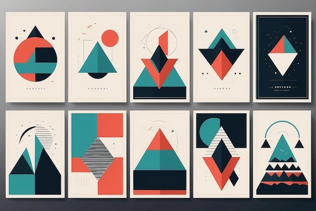 Set of minimal 20s geometric design posters vector template with primitive shapes elements