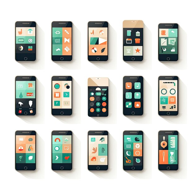 Foto set mobiele telefoons met verschillende applicatie-icons vector-illustratie in platte stijl