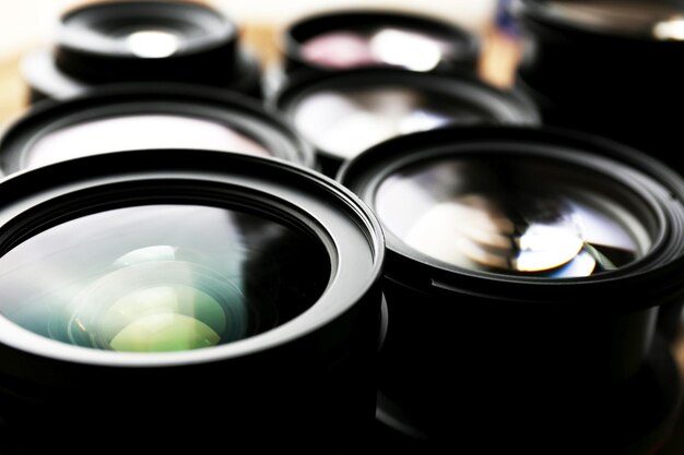 Photo set of modern camera lenses closeup